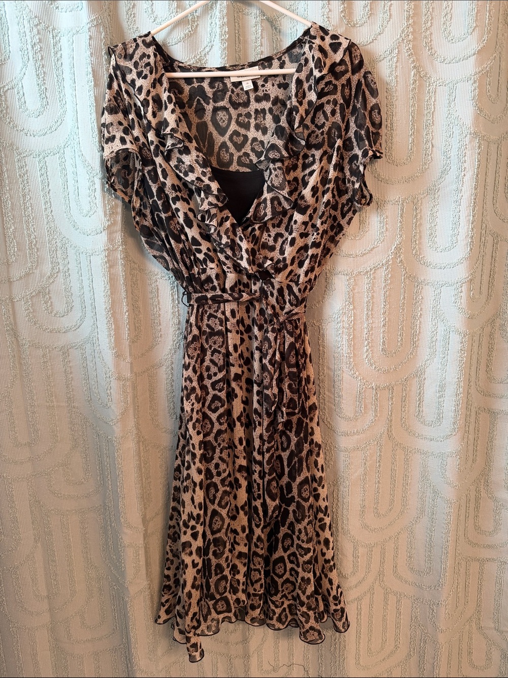 Dress Barn Leopard Print Ruffle Wrap Midi Dress - Brown & Black